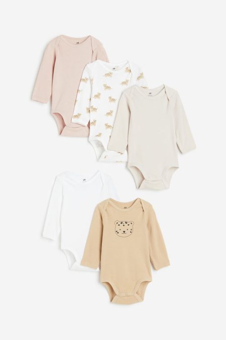 H & M - Set van 5 rompers met lange mouwen - Beige