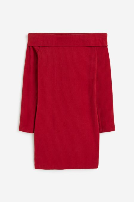 H & M - Geribde off-the-shoulderjurk - Rood