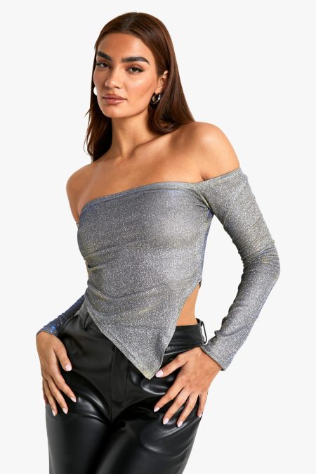 Glitter Off Shoulder Top Met Asymmetrische Zoom