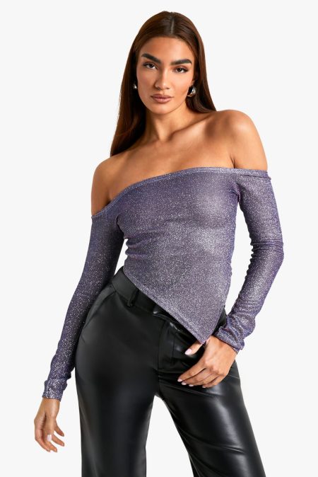 Glitter Off Shoulder Top Met Asymmetrische Zoom