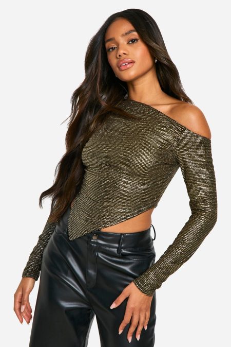 Off Shoulder Glitter Top Met Asymmetrische Zoom En Wijde Mouwen