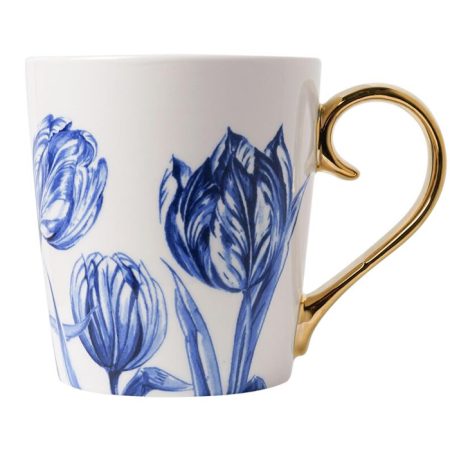 Mok Delfts Blauwe Tulpen met gouden oortje 300 ml