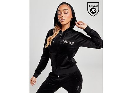 JUICY COUTURE Diamante Logo Velour Full Zip Hoodie - Black- Dames