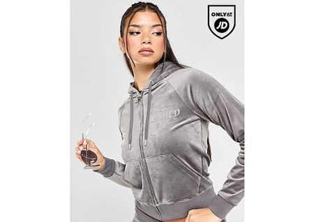 JUICY COUTURE Diamante Logo Velour Full Zip Hoodie - Grey- Dames