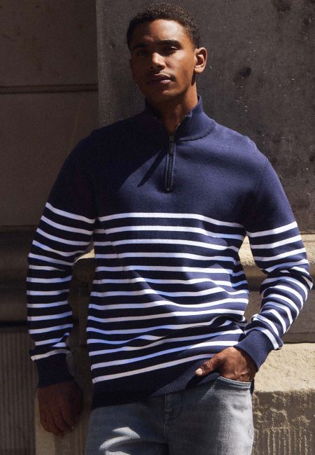 Trui Gestreept Met Rits Navy