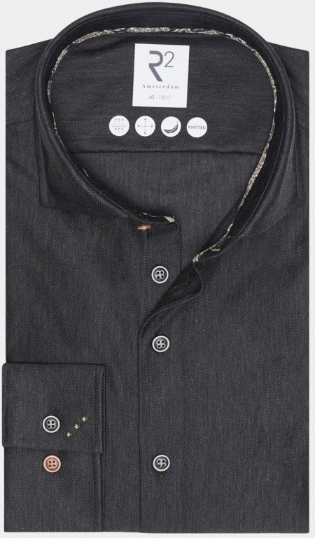 R2 Amsterdam Casual hemd lange mouw Zwart Herringbone knitted 126.WSP.019/020