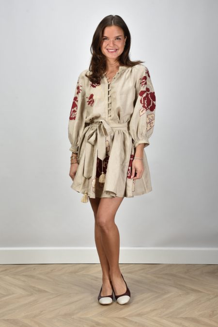 Sage & Ivy jurk Anna beige/burgundy/beige