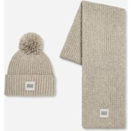 UGG® Set met grofgebreide geribbelde muts met pompon voor Dames in Light Grey