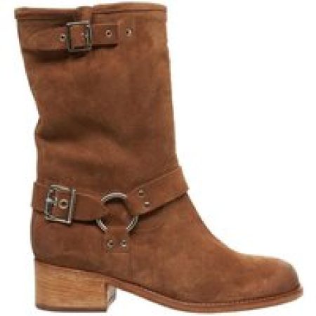 Curiosite Boots - Rounded Suede Biker Boots With Metallic Accents in bruin