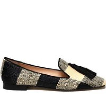 - Ivory Black Checkered Raffia Slipper With Silk Tas in zwart