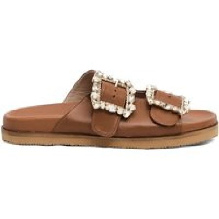 Paola Fiorenza Sandalen - Leather Slipper Buckles Rhinestones in bruin